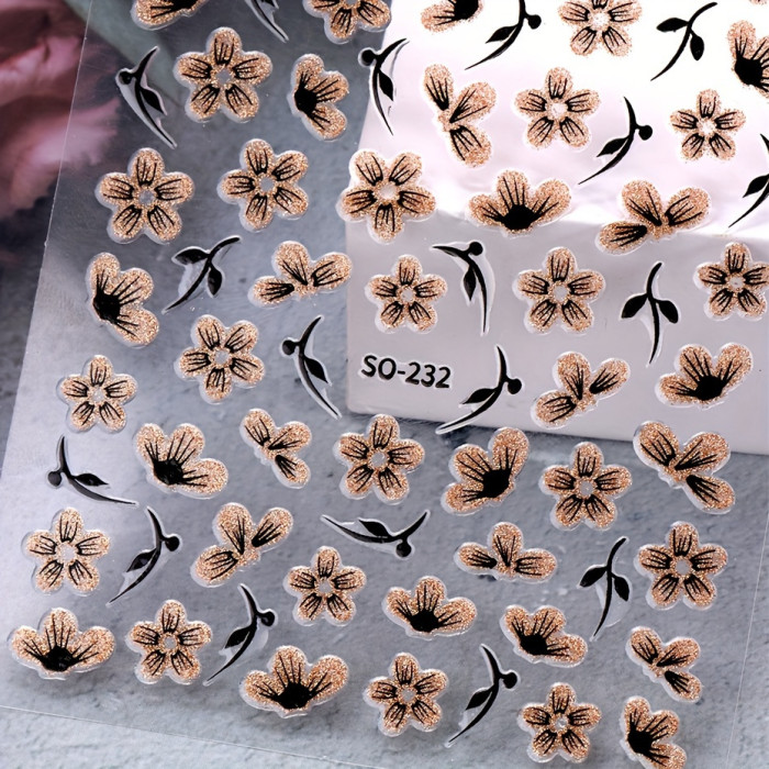 Sparkling Brown Floral Nail Art Stickers - Self-Adhesive, Glossy Finish Decals for Hands & Feet Care