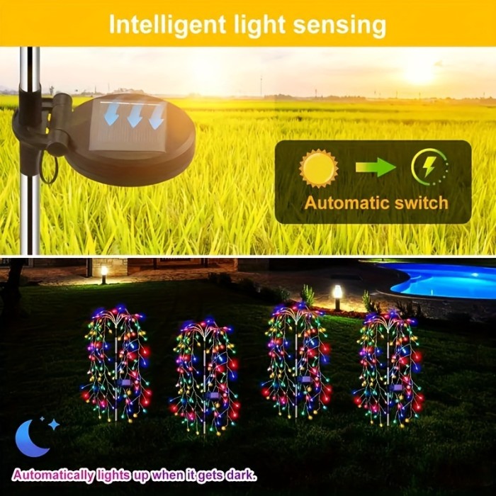 Solar Firecracker Willow Lights Outdoor, 200LED Solar Powered LED Lights, IP54, 8 Lighting Modes, 120LED Garden Decoration Lights for Yard, Pathways, Party, Camping, Christmas, Ramadan, Halloween (Multicolor)