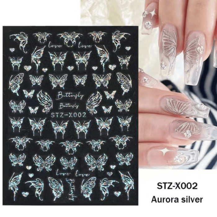 5D Embossed Aurora Butterfly Nail Art Transfer Stickers,Self Adhesive Black Flower Nail Art Decals For DIY Or Nail Salon,Nail Art Supplies For Women And Girls