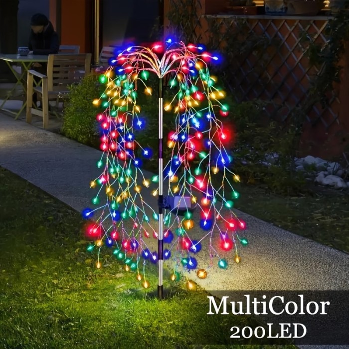 Solar Firecracker Willow Lights Outdoor, 200LED Solar Powered LED Lights, IP54, 8 Lighting Modes, 120LED Garden Decoration Lights for Yard, Pathways, Party, Camping, Christmas, Ramadan, Halloween (Multicolor)