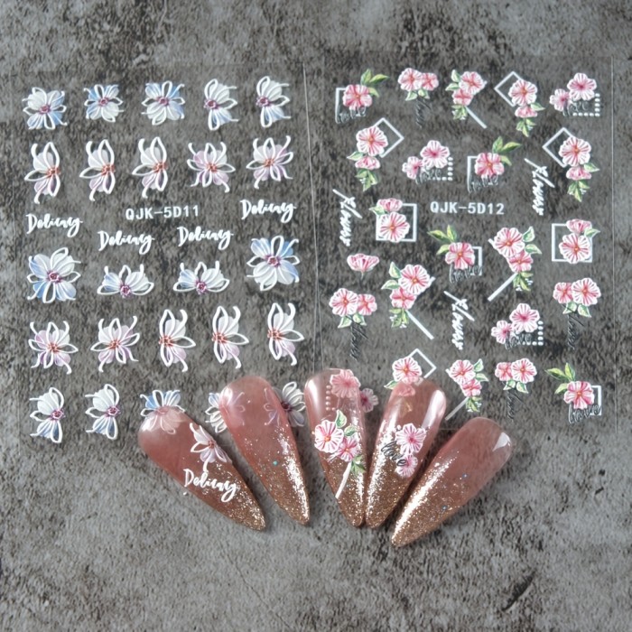 5D Embossed Nail Art Sticker Summer Nail Decals With Pink Blue Five-Petal Flower, Daisy, Lily Flower Design For Acrylic Nails Easter