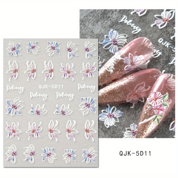 5D Embossed Nail Art Sticker Summer Nail Decals With Pink Blue Five-Petal Flower, Daisy, Lily Flower Design For Acrylic Nails Easter