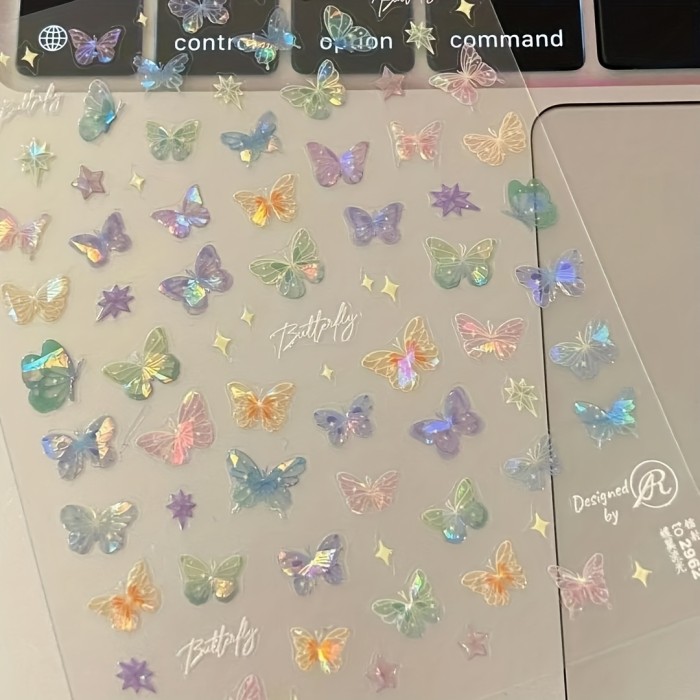 Ins Style Butterfly Embossed Wing Streamer Laser Stickers Colorful Butterfly Colorful Three-Dimensional Fairy Stickers Nail Stickers