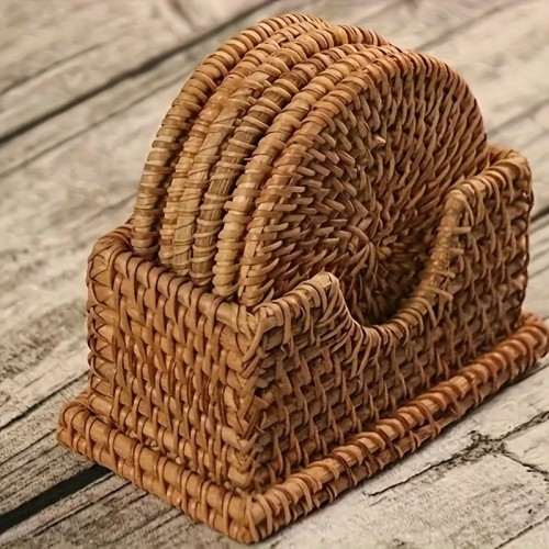 Handwoven Rattan Coaster Set, Heat-Resistant Non-Slip, for Kitchen & Dining Decor, Sustainable Tabletop Protection, Wooden Material, Hand Wash Only