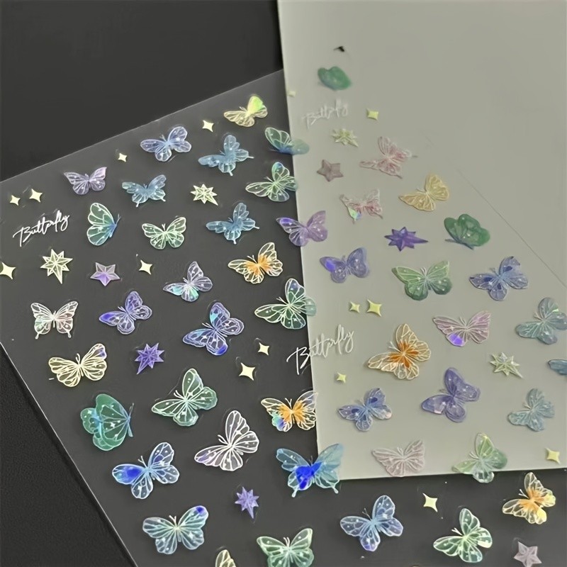 Ins Style Butterfly Embossed Wing Streamer Laser Stickers Colorful Butterfly Colorful Three-Dimensional Fairy Stickers Nail Stickers