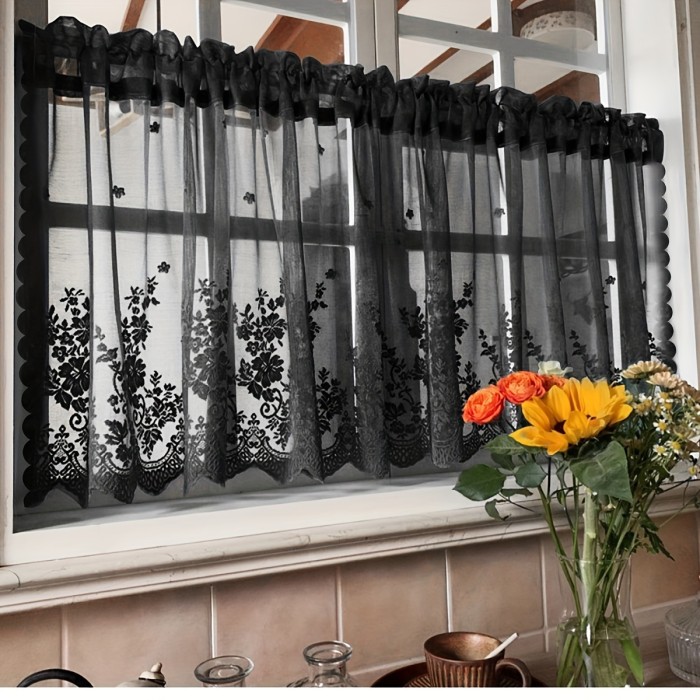 1pc American Pastoral Chic Lace Curtain - Simple Woven Small Floral Pattern, Elegant Window Valance for Living Room, Bedroom, Kitchen Partition Decoration, Home Decor Accent