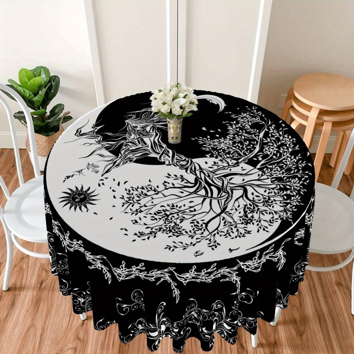 1pc 63 Inch Boho Chic Round Tablecloth - Stain Resistant, Absorbent, Wrinkle Free, Sun Moon Star Tree Pattern - Circle Table Cover for Home Kitchen Dining Party Patio Indoor and Outdoor Use, Easy Care, Room Decor, Scene Decor