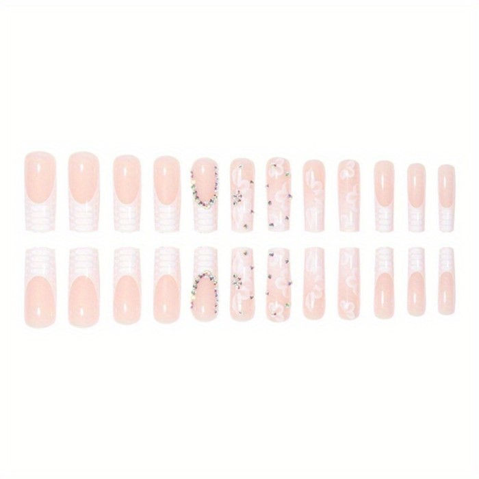Extra Long Square Press-On Nails with Floral and Animal Accents - Glossy Fake Nails with Rhinestones, Full Cover Acrylic Nails, Glue-On Fashion Nail Set for Women, 24pcs