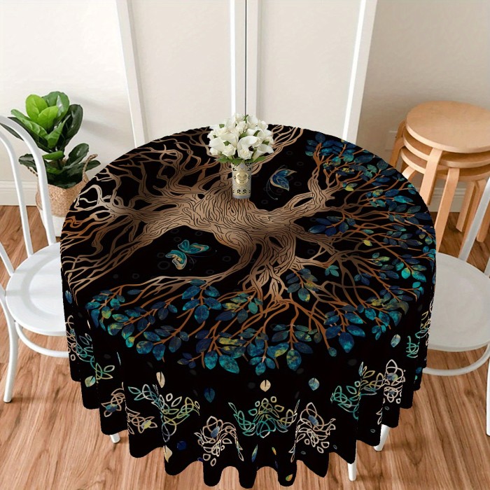 1pc 63 Inch Boho Chic Round Tablecloth - Stain Resistant, Absorbent, Wrinkle Free, Sun Moon Star Tree Pattern - Circle Table Cover for Home Kitchen Dining Party Patio Indoor and Outdoor Use, Easy Care, Room Decor, Scene Decor
