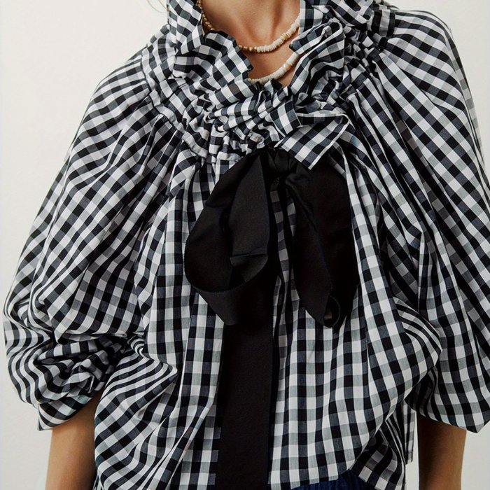 1pc Women'S Summer Knit Polyester Shirt - Sexy Crew Neck Long Lantern Sleeve Blouse with Ruffled Neckline and Lace-up Detail, Solid Color and Stripe Print Options, Casual Elegant Top for Adults