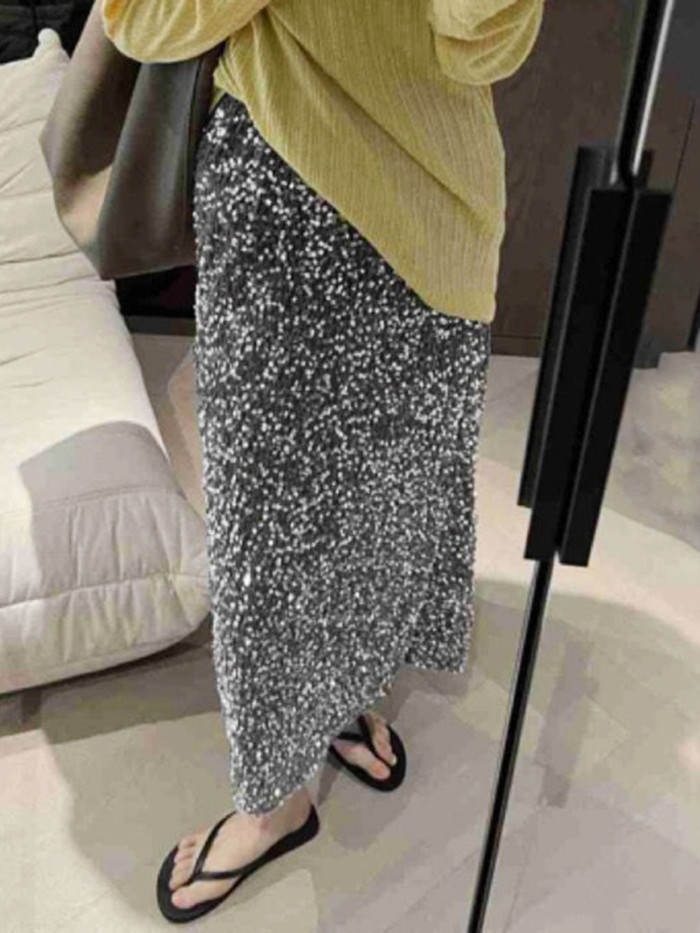 Elegant Sequin-Embellished Maxi Skirt for Women - Elastic Waist, Vintage Style, Machine Washable