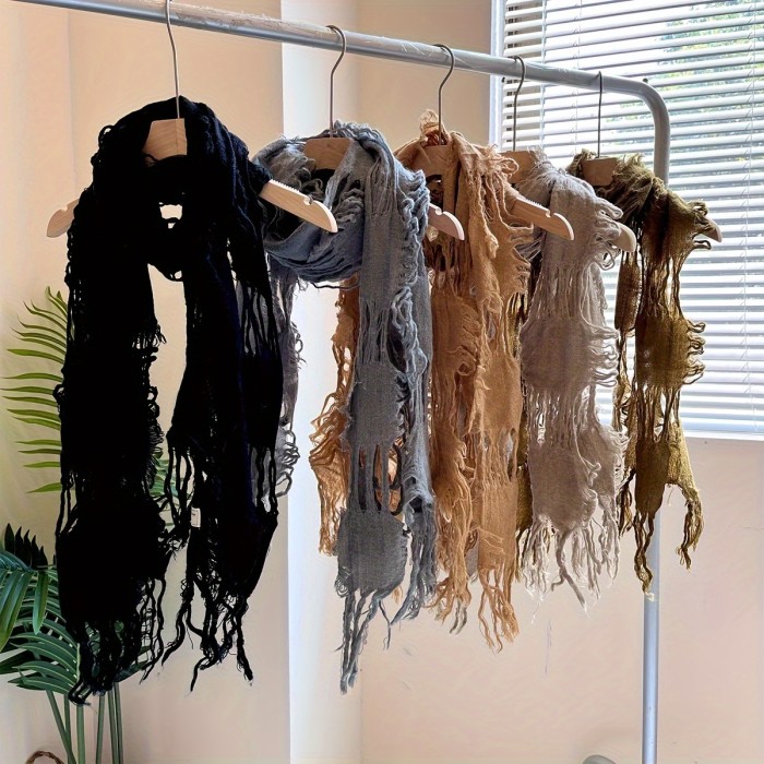 Women'S Fringe Tassel Scarf Shawl - Solid Color, Skin Friendly, 49% 51% Acrylic, Hand Washable, Popular Style Scarf for All Seasons