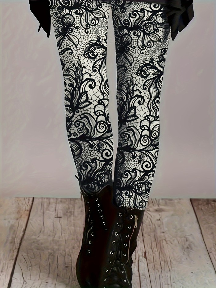 Plus Size Floral Print Skinny Leggings - Stretchy, High Waist, Comfortable, and Versatile - Perfect for Spring and Fall, Women's Casual Clothing