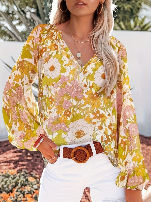 1pc Elegant Floral Print V-Neck Blouse for Women - Lightweight Chiffon Long Sleeve Top with Puff Shoulders, Bohemian Style, Polyester, All-Season Wear
