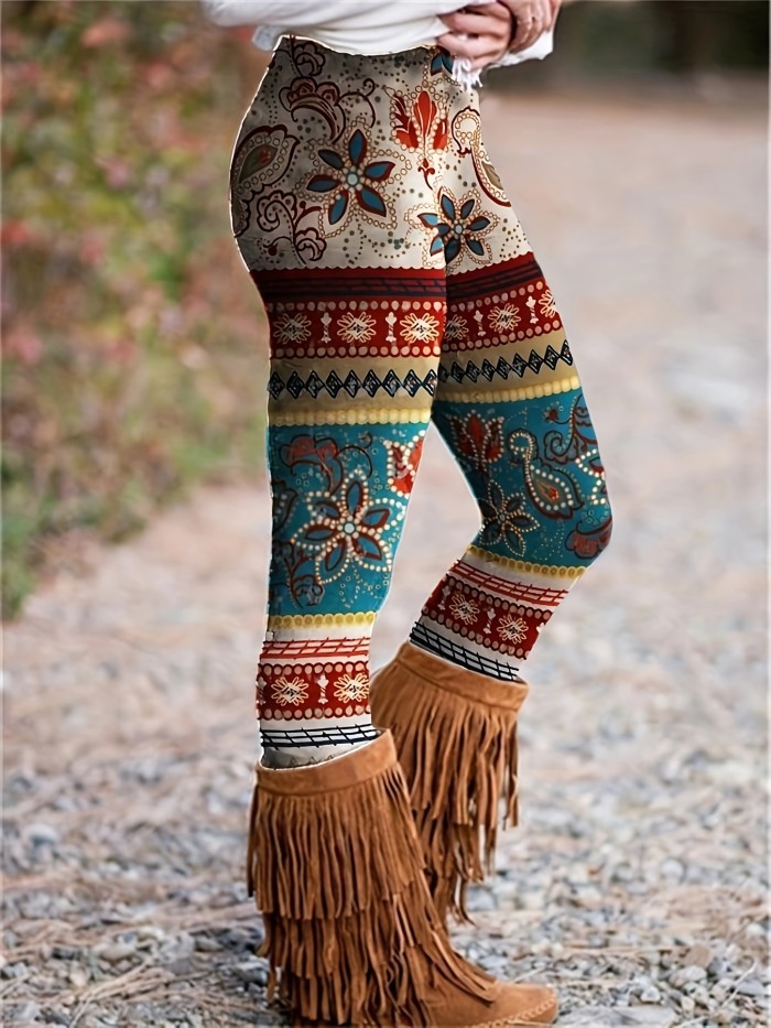 Boho-Chic Floral Print Stretch Leggings for Women - Casual, All-Season Wear, Machine Washable