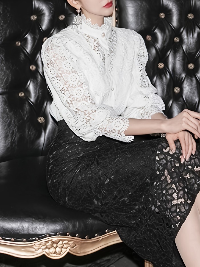 1pc Elegant Plus-Size Women'S Cotton V-Neck Shirt with Lace Details, Button-Up Hollow Collar, Slight Stretch Woven Fabric, Versatile Solid Color for All Seasons