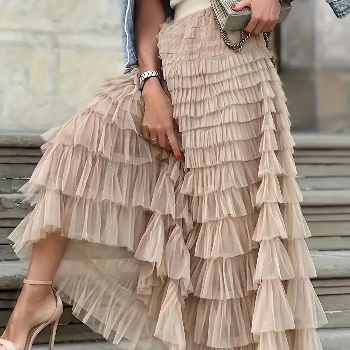 Women's Chic High-Waisted Skirt with Mesh Layered Hem - Breathable Fabric, Timeless Elegance for Casual to Formal Occasions
