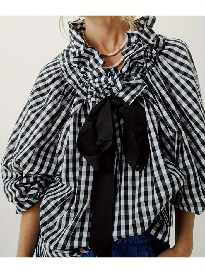 1pc Women'S Summer Knit Polyester Shirt - Sexy Crew Neck Long Lantern Sleeve Blouse with Ruffled Neckline and Lace-up Detail, Solid Color and Stripe Print Options, Casual Elegant Top for Adults