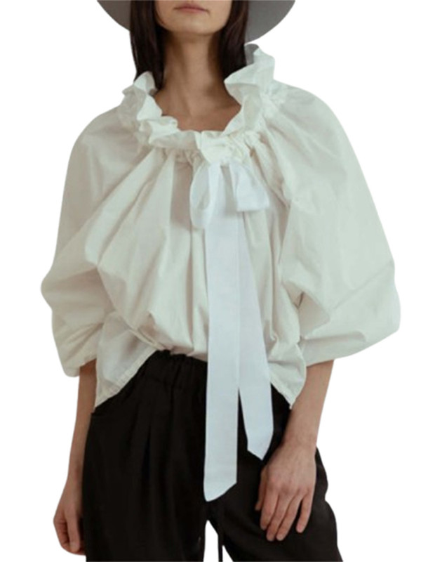 1pc Women'S Summer Sexy Crew Neck Blouse - Polyester Knit Fabric, Long Lantern Sleeves, Ruffle Detail Neckline with Lace-up, Loose Fit Casual Elegant Top