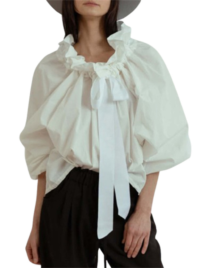 1pc Women'S Summer Sexy Crew Neck Blouse - Polyester Knit Fabric, Long Lantern Sleeves, Ruffle Detail Neckline with Lace-up, Loose Fit Casual Elegant Top