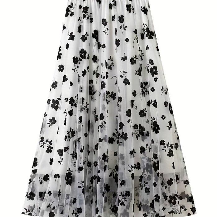 Elegant High Waist Maxi Plant Print Contrast Mesh Skirts, Women's Clothing