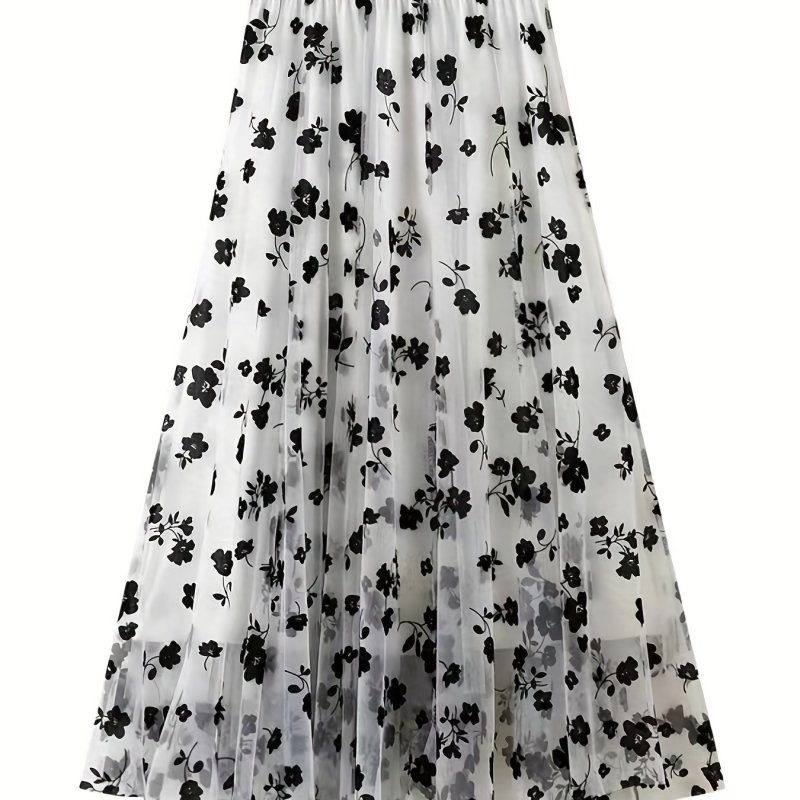Elegant High Waist Maxi Plant Print Contrast Mesh Skirts, Women's Clothing