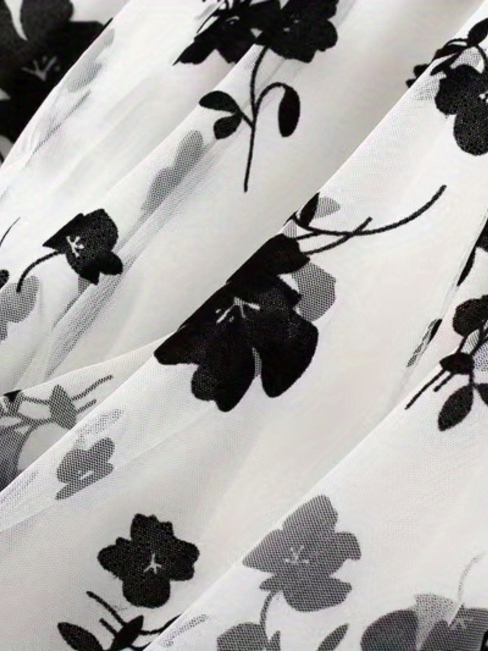 Elegant High Waist Maxi Plant Print Contrast Mesh Skirts, Women's Clothing