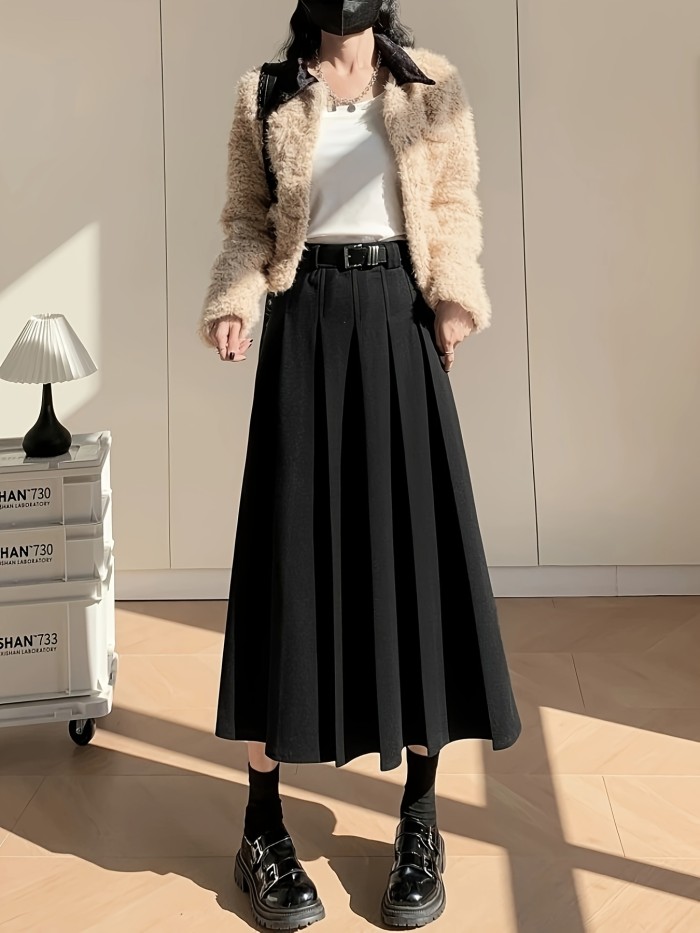 Women'S Chic A-Line Pleated Midi Skirt 100% Polyester Solid Color Woven Fabric for Fall\u002FWinter - Beltless Design