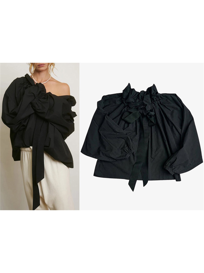 1pc Women'S Summer Sexy Crew Neck Blouse - Polyester Knit Fabric, Long Lantern Sleeves, Ruffle Detail Neckline with Lace-up, Loose Fit Casual Elegant Top