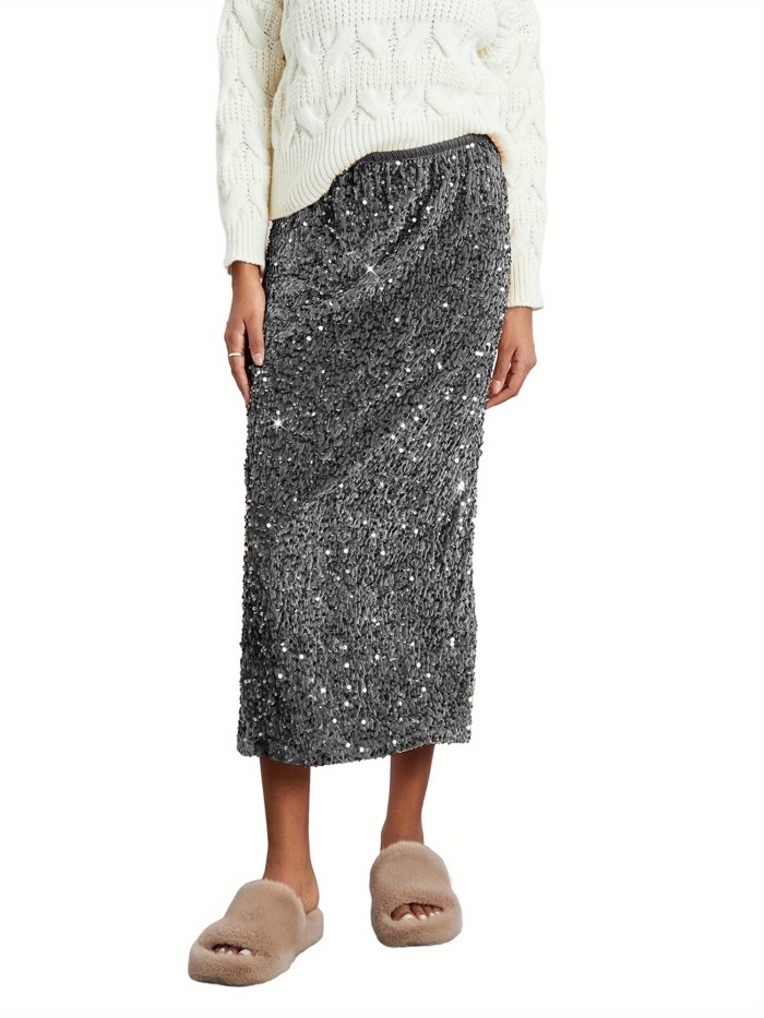 Elegant Sequin-Embellished Maxi Skirt for Women - Elastic Waist, Vintage Style, Machine Washable