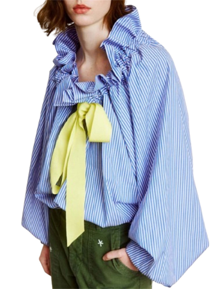 1pc Women'S Summer Sexy Crew Neck Blouse - Polyester Knit Fabric, Long Lantern Sleeves, Ruffle Detail Neckline with Lace-up, Loose Fit Casual Elegant Top