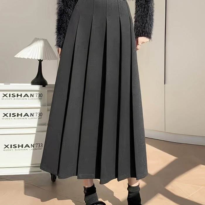 Women'S Chic A-Line Pleated Midi Skirt 100% Polyester Solid Color Woven Fabric for Fall\u002FWinter - Beltless Design