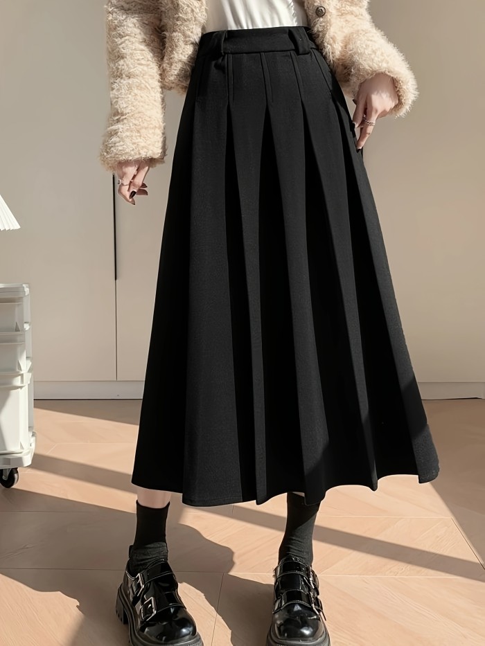 Women'S Chic A-Line Pleated Midi Skirt 100% Polyester Solid Color Woven Fabric for Fall\u002FWinter - Beltless Design