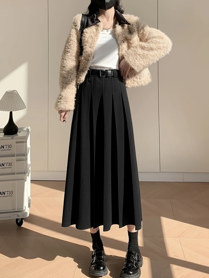 Women'S Chic A-Line Pleated Midi Skirt 100% Polyester Solid Color Woven Fabric for Fall\u002FWinter - Beltless Design