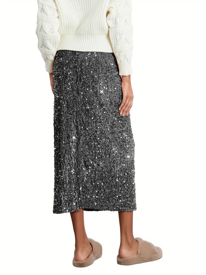 Elegant Sequin-Embellished Maxi Skirt for Women - Elastic Waist, Vintage Style, Machine Washable