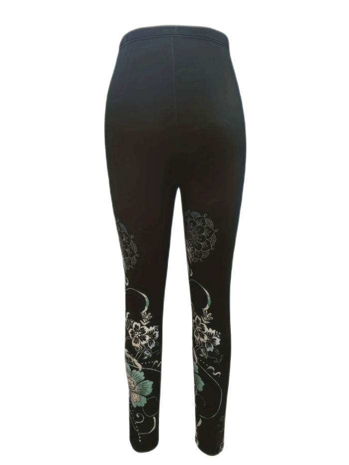 Elegant Plus Size Floral Print Leggings - High Waist, Stretchy & Comfortable, Machine Washable - Women's Fashion