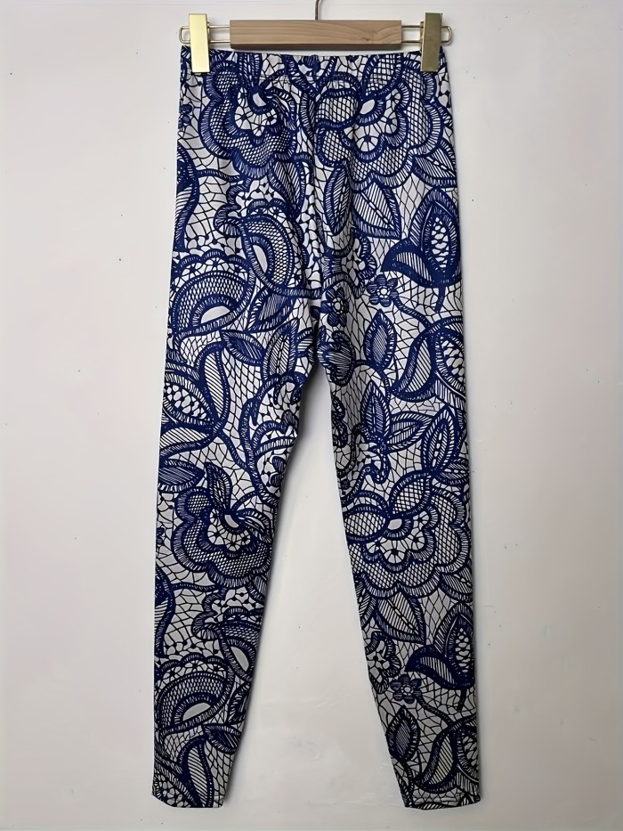 Plus Size Floral Print Skinny Leggings - Stretchy, High Waist, Comfortable, and Versatile - Perfect for Spring and Fall, Women's Casual Clothing