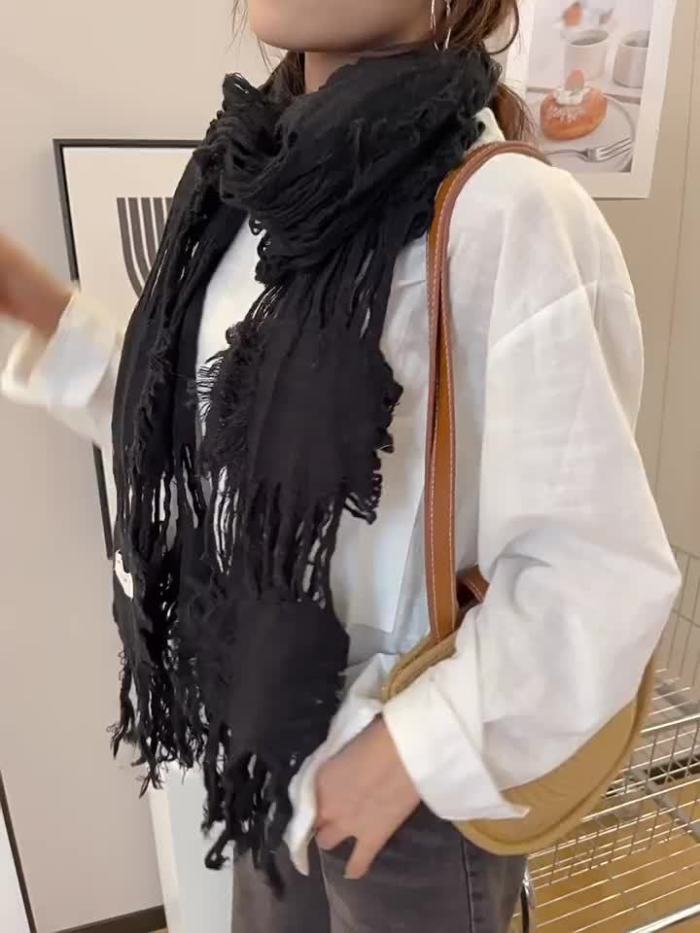 Women'S Fringe Tassel Scarf Shawl - Solid Color, Skin Friendly, 49% 51% Acrylic, Hand Washable, Popular Style Scarf for All Seasons