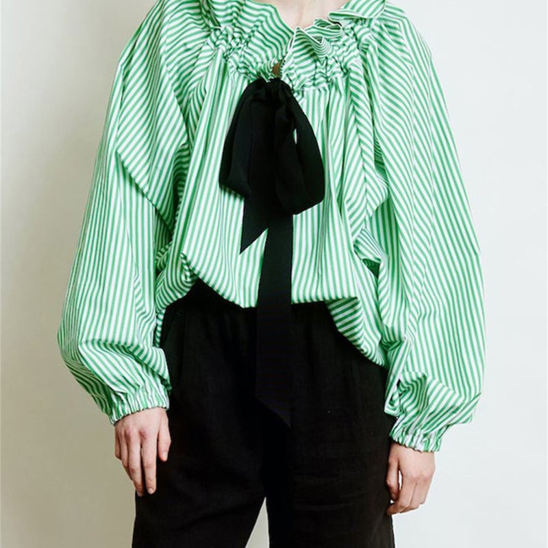 1pc Women'S Summer Knit Polyester Shirt - Sexy Crew Neck Long Lantern Sleeve Blouse with Ruffled Neckline and Lace-up Detail, Solid Color and Stripe Print Options, Casual Elegant Top for Adults