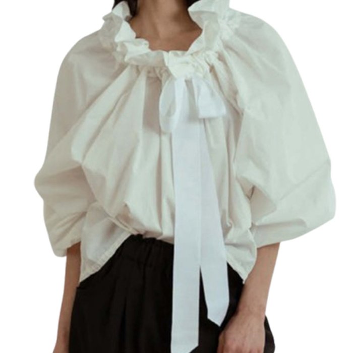 1pc Women'S Summer Sexy Crew Neck Blouse - Polyester Knit Fabric, Long Lantern Sleeves, Ruffle Detail Neckline with Lace-up, Loose Fit Casual Elegant Top