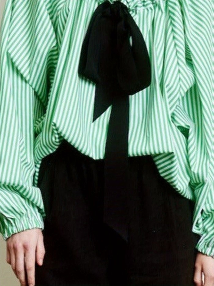 1pc Women'S Summer Knit Polyester Shirt - Sexy Crew Neck Long Lantern Sleeve Blouse with Ruffled Neckline and Lace-up Detail, Solid Color and Stripe Print Options, Casual Elegant Top for Adults