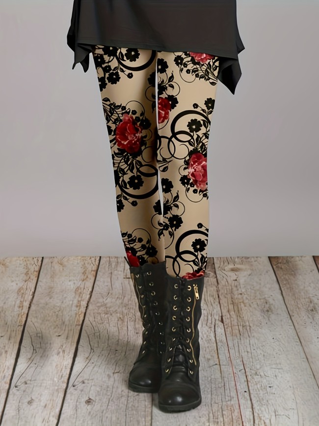 Chic Floral High-Waist Leggings - Soft Stretch Fit for All-Day Comfort - Perfect for Casual or Active Wear in Spring and Fall - Women's Fashion