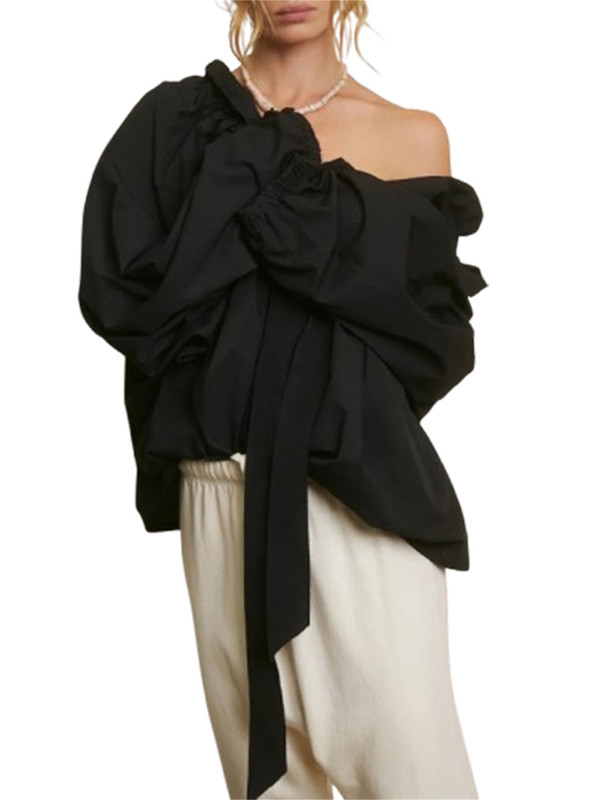 1pc Women'S Summer Knit Polyester Shirt - Sexy Crew Neck Long Lantern Sleeve Blouse with Ruffled Neckline and Lace-up Detail, Solid Color and Stripe Print Options, Casual Elegant Top for Adults