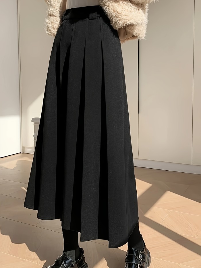 Women'S Chic A-Line Pleated Midi Skirt 100% Polyester Solid Color Woven Fabric for Fall\u002FWinter - Beltless Design