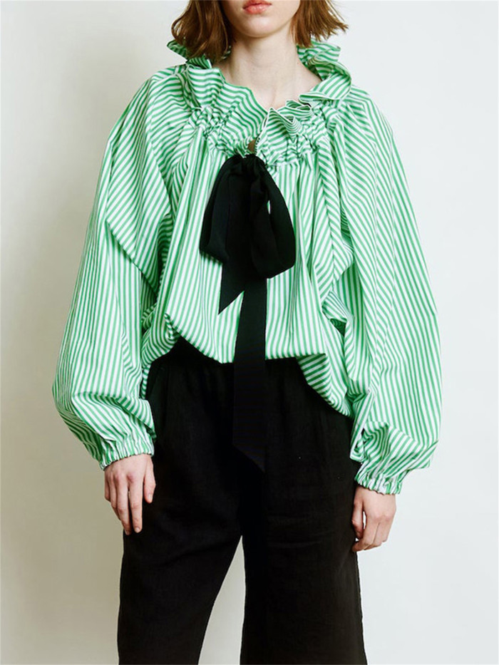 1pc Women'S Summer Knit Polyester Shirt - Sexy Crew Neck Long Lantern Sleeve Blouse with Ruffled Neckline and Lace-up Detail, Solid Color and Stripe Print Options, Casual Elegant Top for Adults