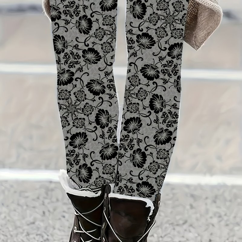 1pc Elegant Floral Print High-Waisted Stretchy Plus Size Leggings for Women - Comfortable Fit with Pockets, Fashionable Casual, Machine Washable Polyester\u002FSpandex Blend, All-Season Long Pants