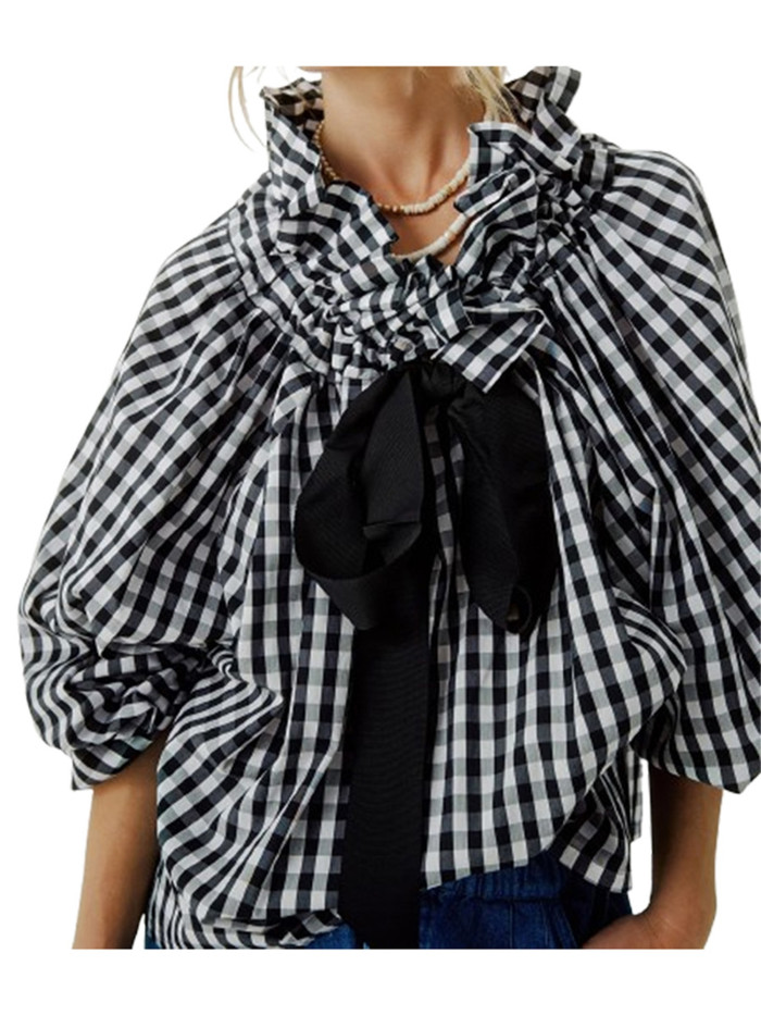 1pc Women'S Summer Sexy Crew Neck Blouse - Polyester Knit Fabric, Long Lantern Sleeves, Ruffle Detail Neckline with Lace-up, Loose Fit Casual Elegant Top