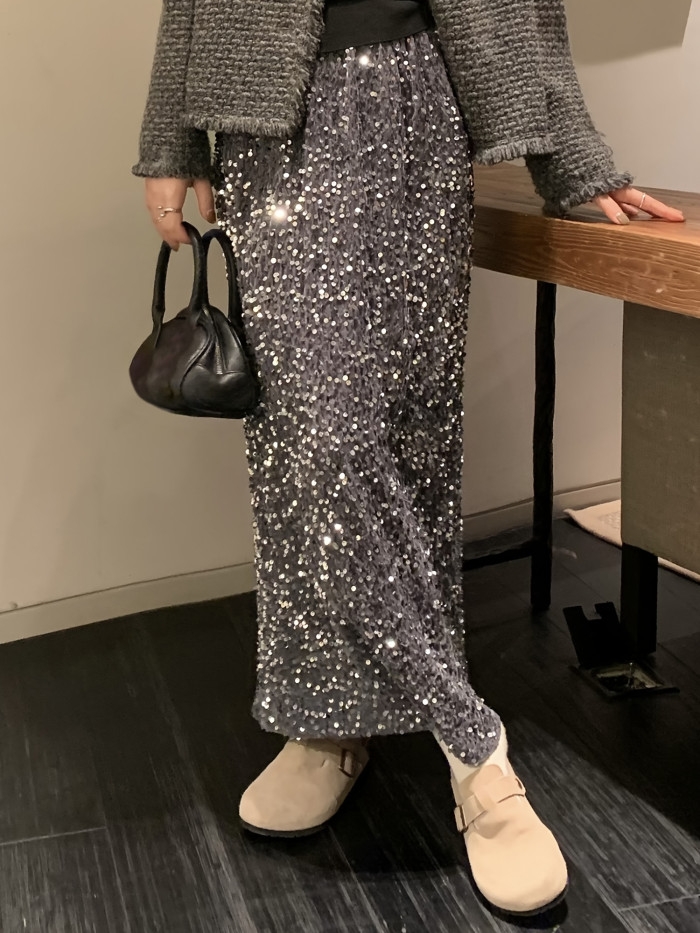 Elegant Sequin-Embellished Maxi Skirt for Women - Elastic Waist, Vintage Style, Machine Washable