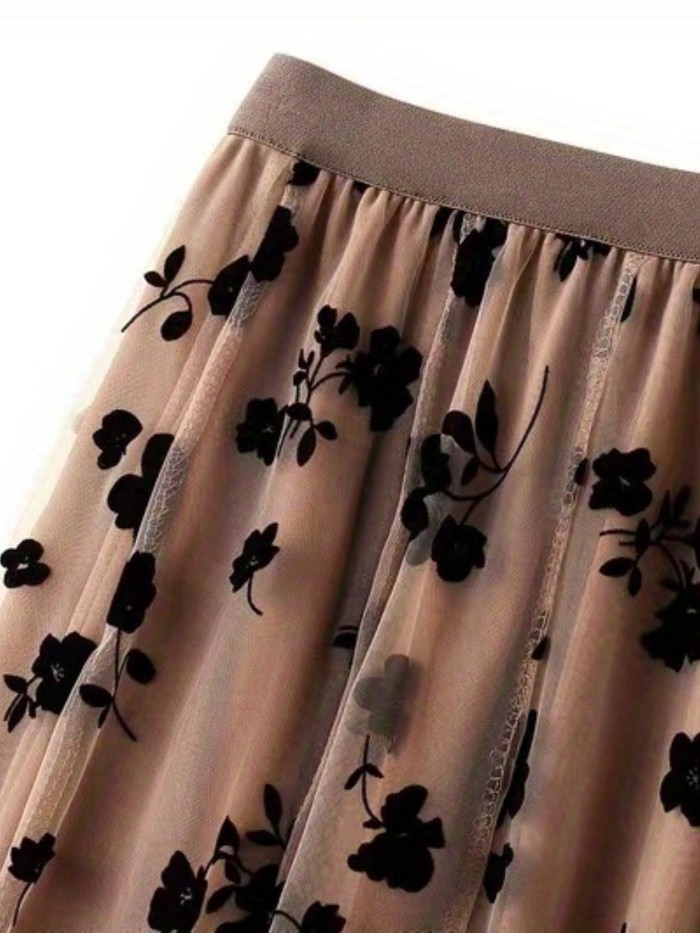 Elegant High Waist Maxi Plant Print Contrast Mesh Skirts, Women's Clothing