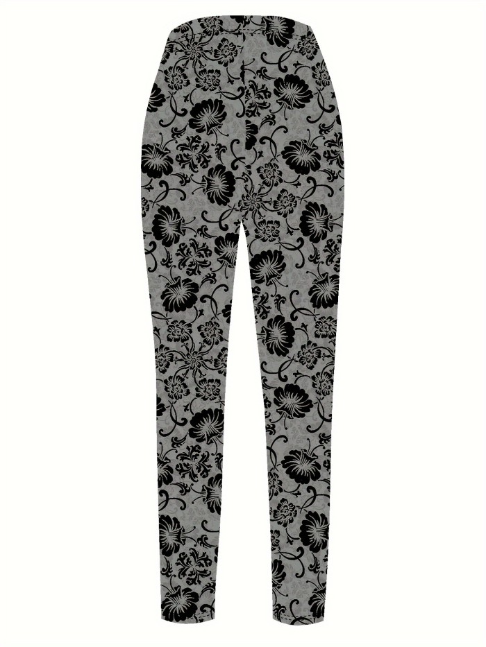 1pc Elegant Floral Print High-Waisted Stretchy Plus Size Leggings for Women - Comfortable Fit with Pockets, Fashionable Casual, Machine Washable Polyester\u002FSpandex Blend, All-Season Long Pants